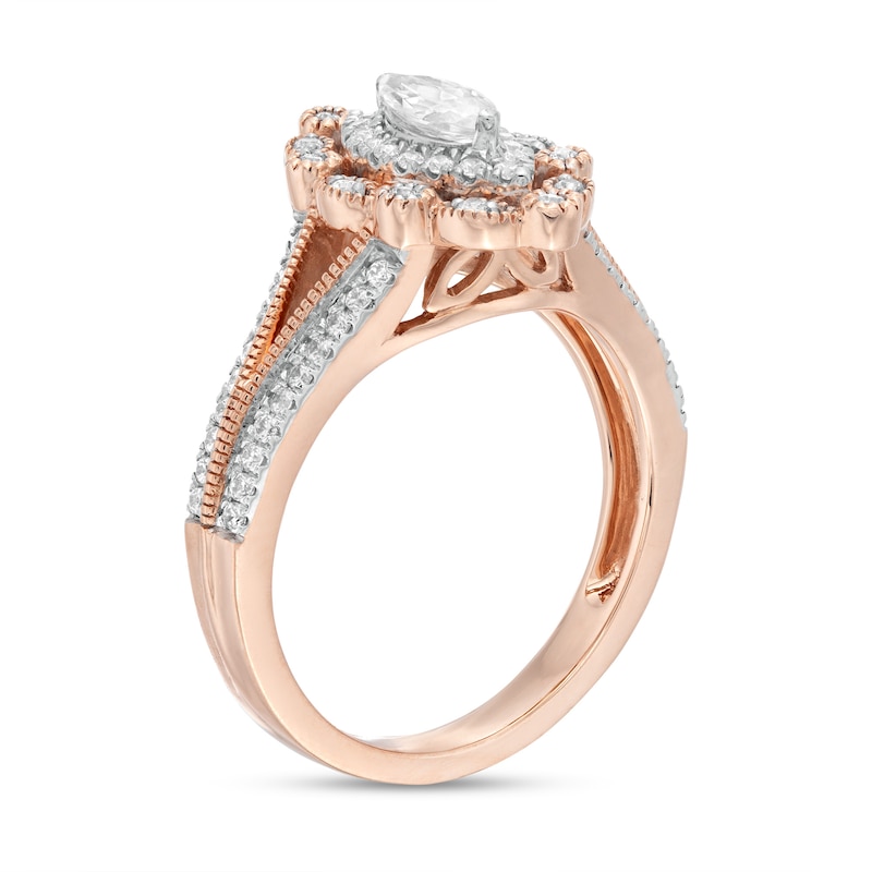 Main Image 3 of 3/4 CT. T.W. Marquise and Round Diamond Alternating Frame Vintage-Style Engagement Ring in 10K Rose Gold