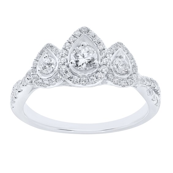 3/4 CT. T.w. Diamond Triple Pear-Shaped Frame Three Stone Ring in 10K White Gold