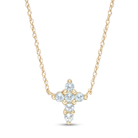Aquamarine Mini Cross Necklace in 10K Gold