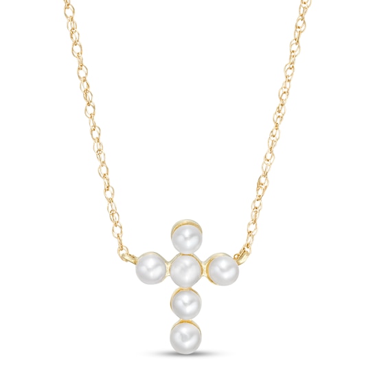 Freshwater Cultured Pearl Mini Cross Necklace in 10K Gold