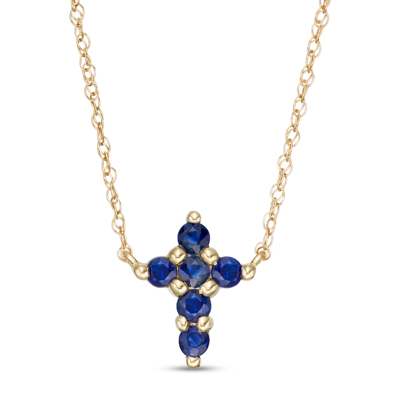 Main Image 1 of Blue Sapphire Mini Cross Necklace in 10K Gold