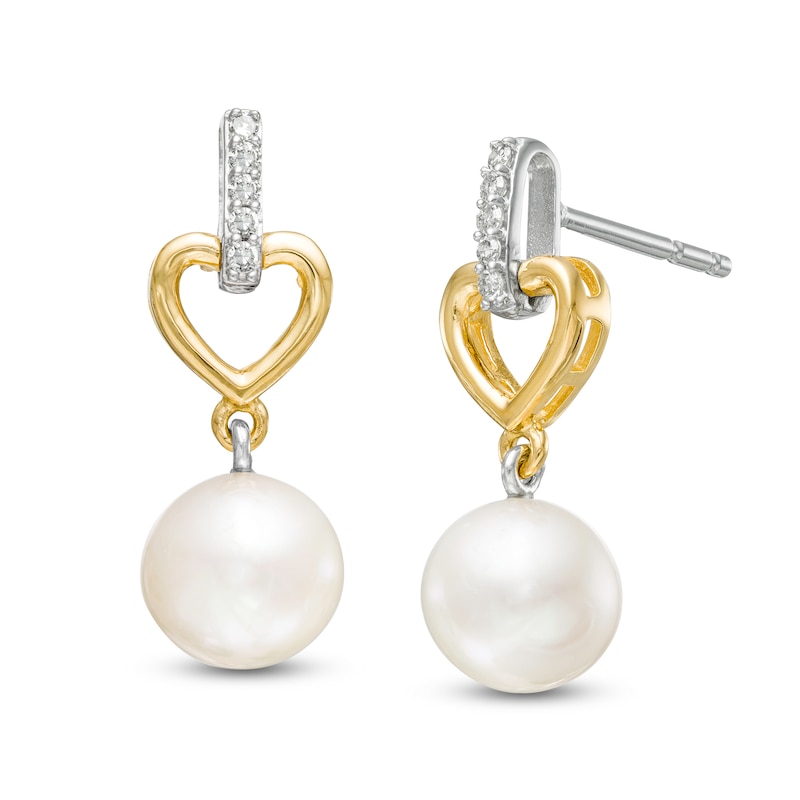 Main Image 1 of 7.0mm Freshwater Cultured Pearl and 1/15 CT. T.W. Diamond Heart Drop Earrings in 10K Gold and Sterling Silver