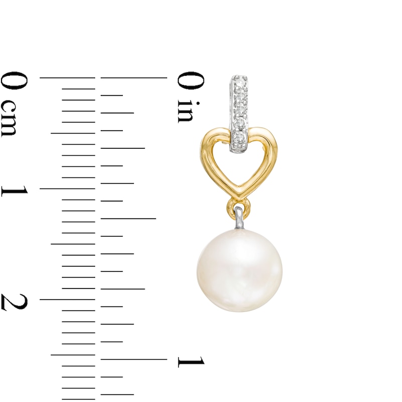 Main Image 2 of 7.0mm Freshwater Cultured Pearl and 1/15 CT. T.W. Diamond Heart Drop Earrings in 10K Gold and Sterling Silver