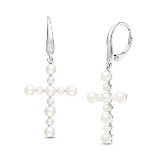 2.5-3.5mm Freshwater Cultured Pearl Cross Drop Earrings in 10K White Gold