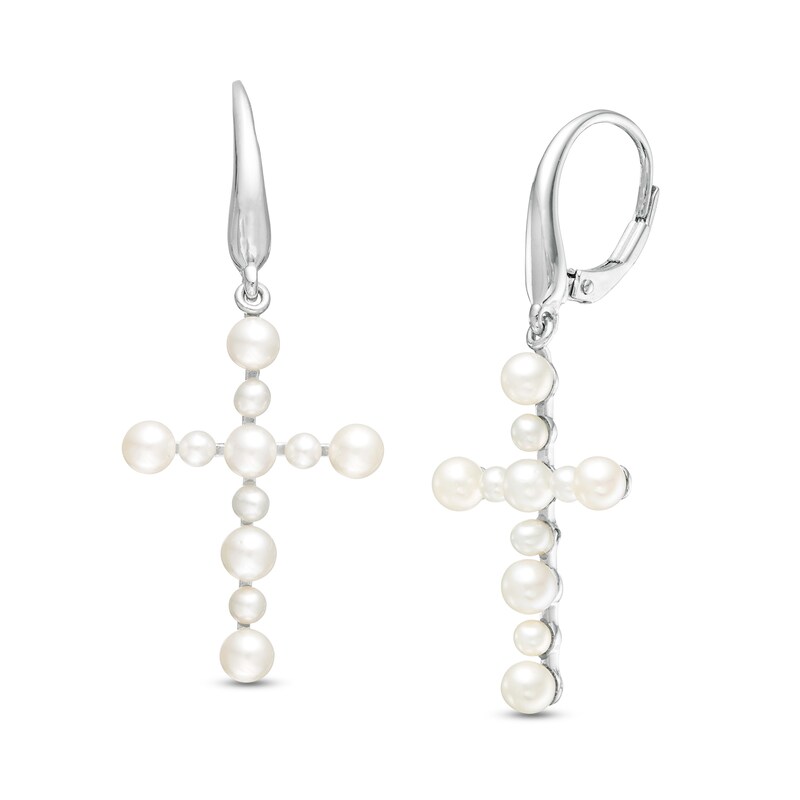 Main Image 1 of 2.5-3.5mm Freshwater Cultured Pearl Cross Drop Earrings in 10K White Gold