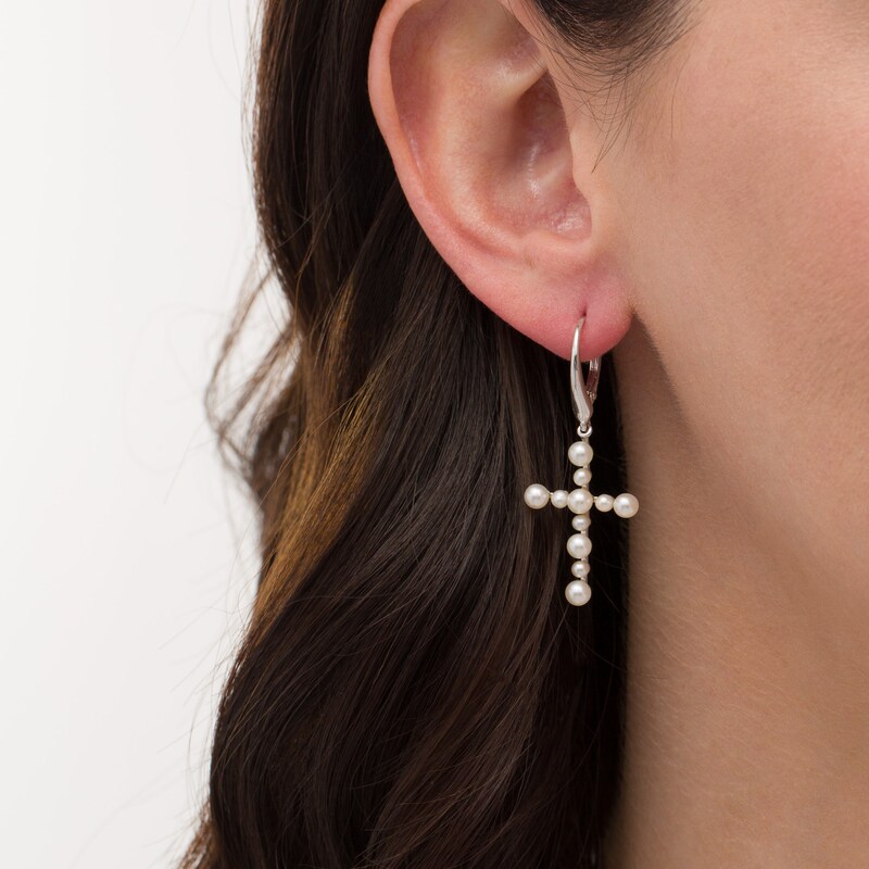 Main Image 2 of 2.5-3.5mm Freshwater Cultured Pearl Cross Drop Earrings in 10K White Gold
