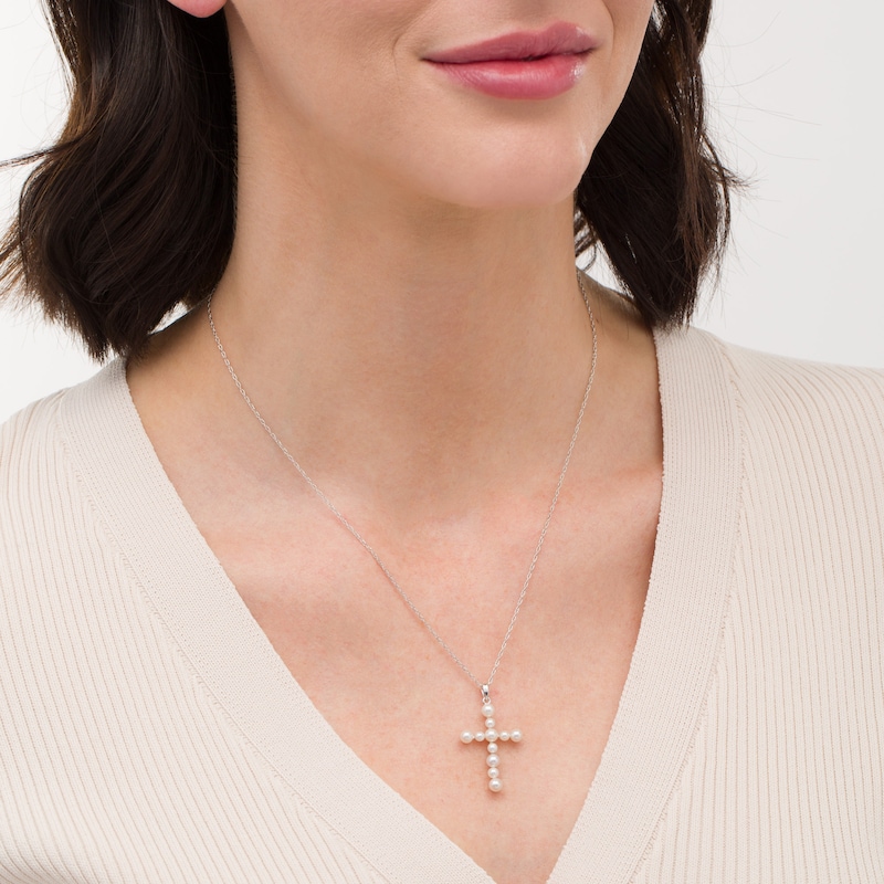 Main Image 2 of 3.0-4.0mm Freshwater Cultured Pearl Cross Pendant in 10K White Gold