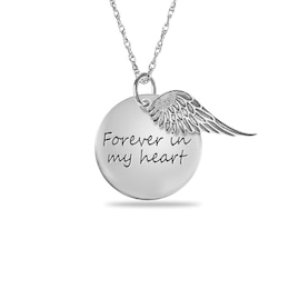 Engravable &quot;Forever in my heart&quot; Your Own Handwriting and Angel Wing Charm Disc Pendant in Sterling Silver (1 Image and 2 Lines)