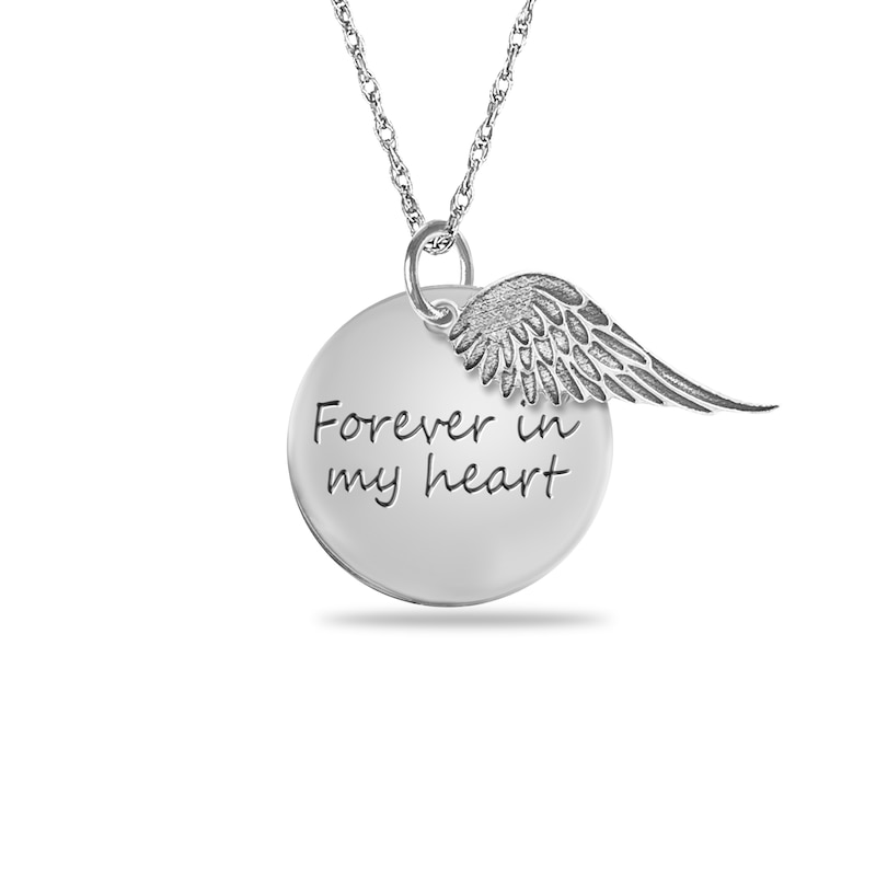 Engravable "Forever in my heart" Your Own Handwriting and Angel Wing Charm Disc Pendant in Sterling Silver (1 Image and 2 Lines)