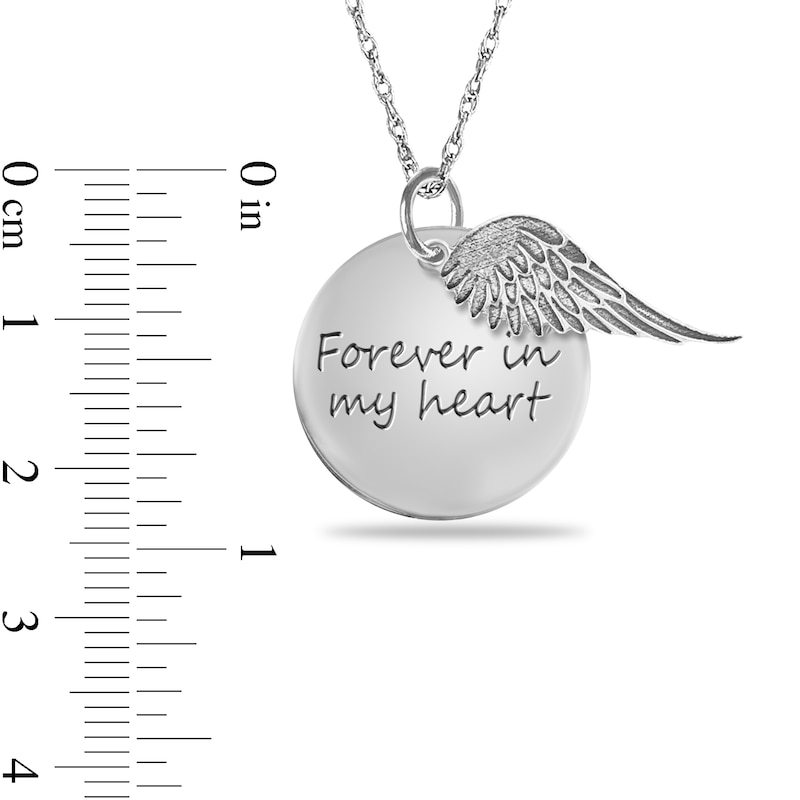 Engravable "Forever in my heart" Your Own Handwriting and Angel Wing Charm Disc Pendant in Sterling Silver (1 Image and 2 Lines)