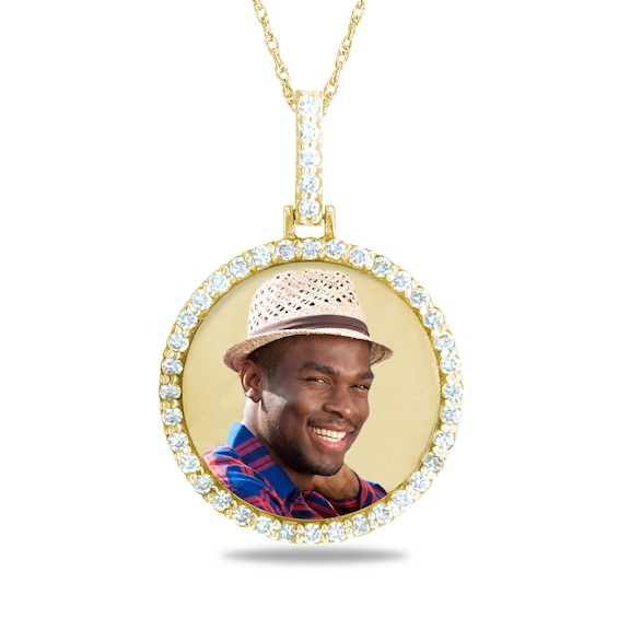 7/8 CT. T.w. Diamond Frame Engravable Photo Circle Pendant in 10K White or Yellow Gold (1 Image and 3 Lines)