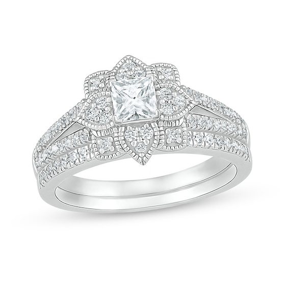 3/4 CT. T.w. Princess-Cut Diamond Flower Frame Vintage-Style Bridal Set in 10K White Gold