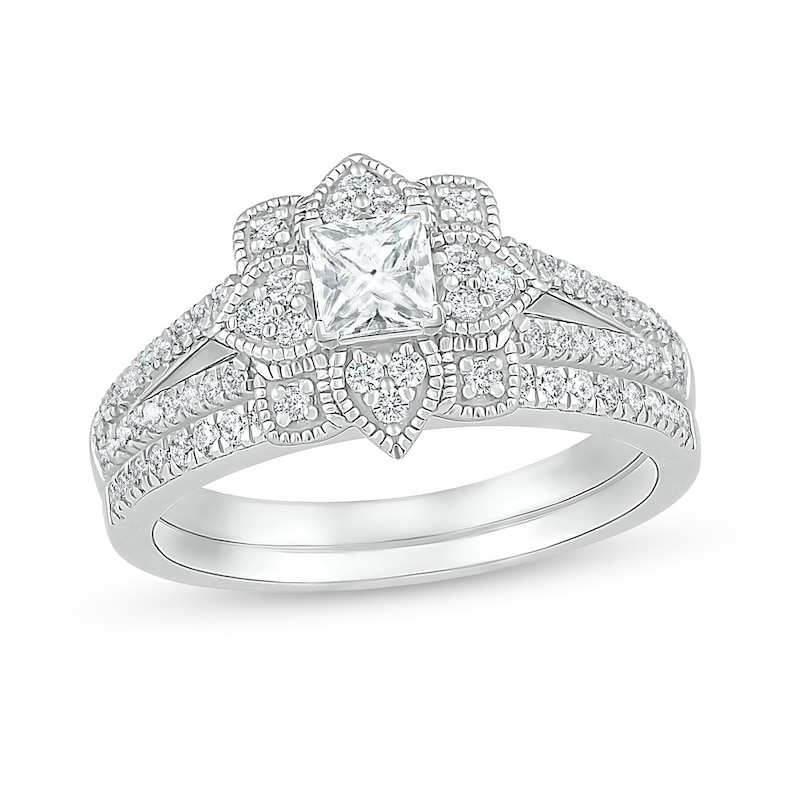 Main Image 1 of 3/4 CT. T.W. Princess-Cut Diamond Flower Frame Vintage-Style Bridal Set in 10K White Gold