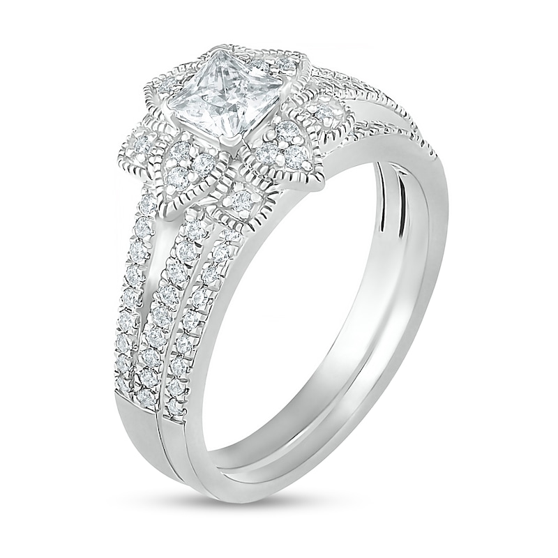 Main Image 2 of 3/4 CT. T.W. Princess-Cut Diamond Flower Frame Vintage-Style Bridal Set in 10K White Gold
