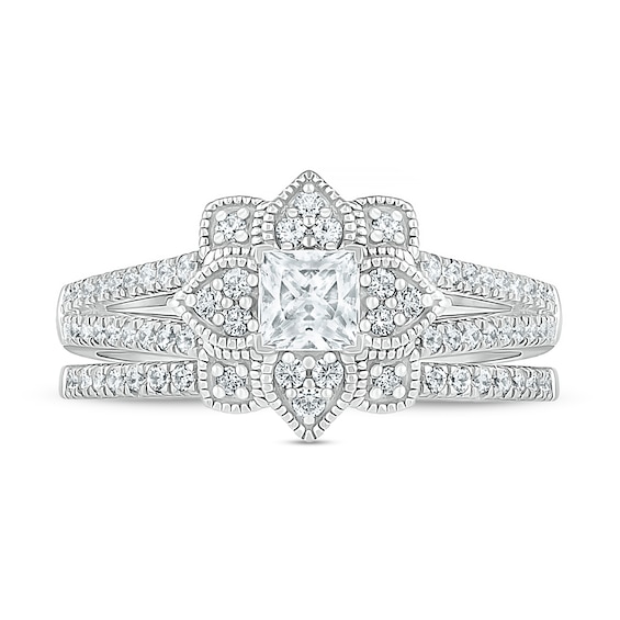 3/4 CT. T.w. Princess-Cut Diamond Flower Frame Vintage-Style Bridal Set in 10K White Gold