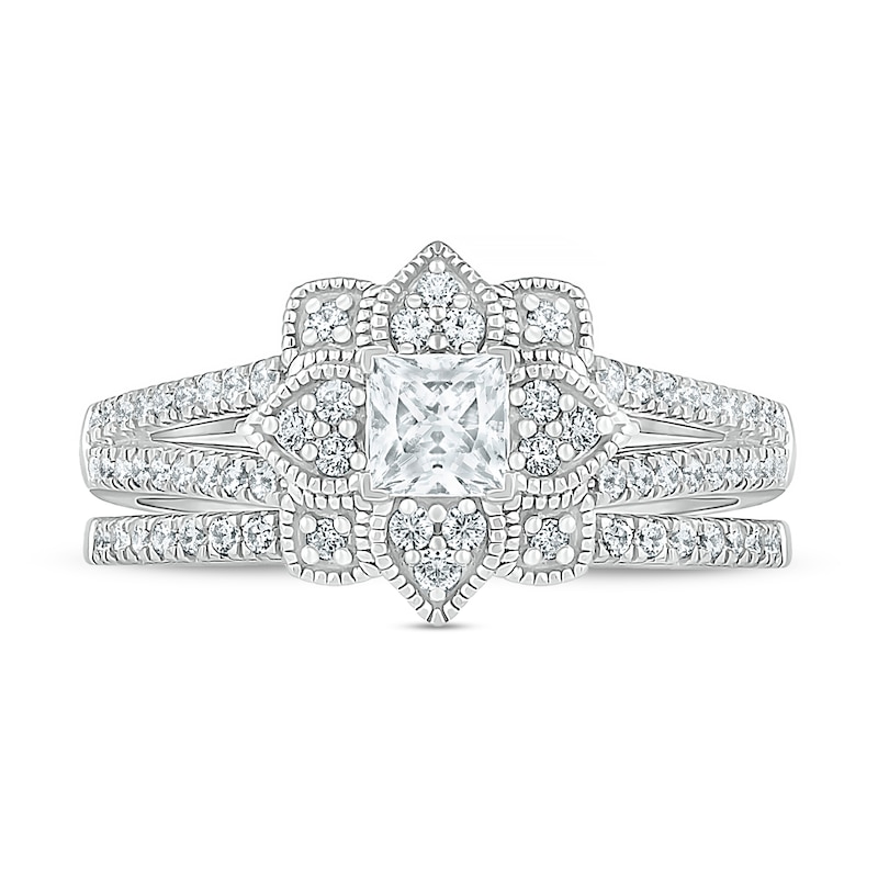 Main Image 3 of 3/4 CT. T.W. Princess-Cut Diamond Flower Frame Vintage-Style Bridal Set in 10K White Gold