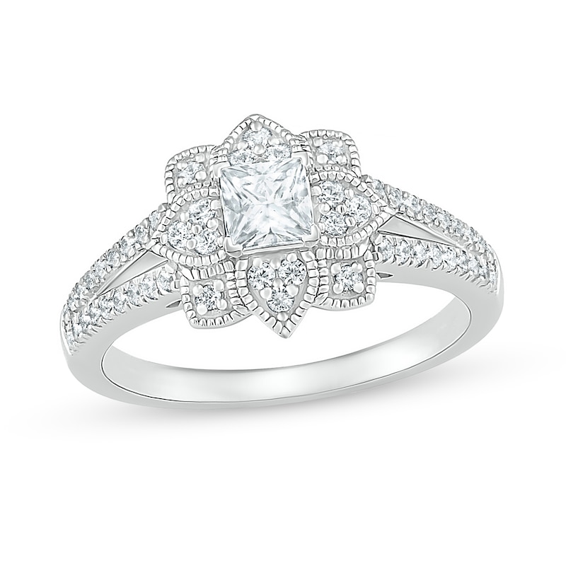 Main Image 4 of 3/4 CT. T.W. Princess-Cut Diamond Flower Frame Vintage-Style Bridal Set in 10K White Gold