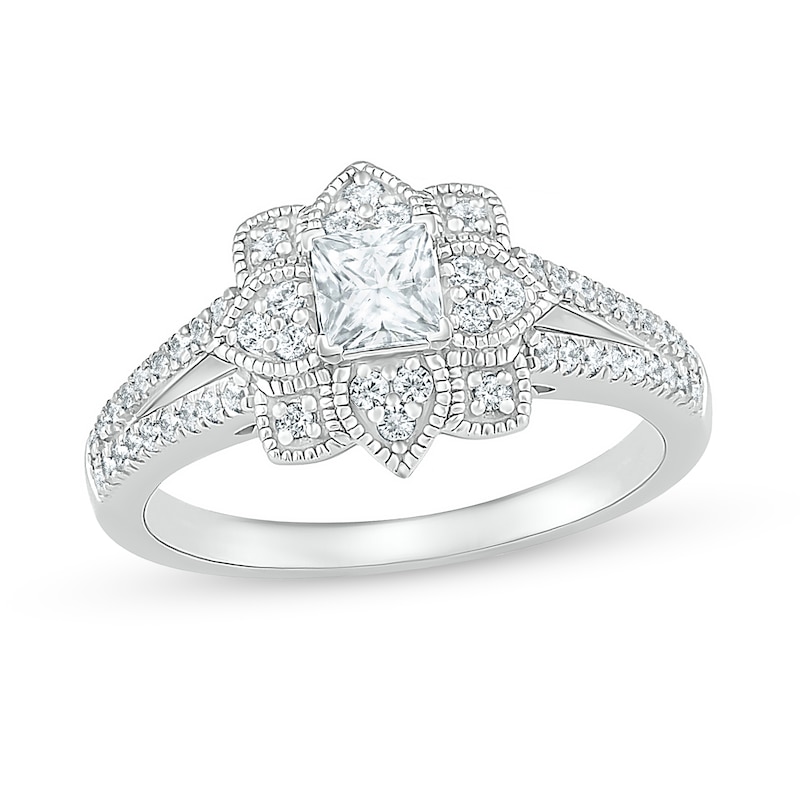 3/4 CT. T.W. Princess-Cut Diamond Flower Frame Vintage-Style Bridal Set in 10K White Gold