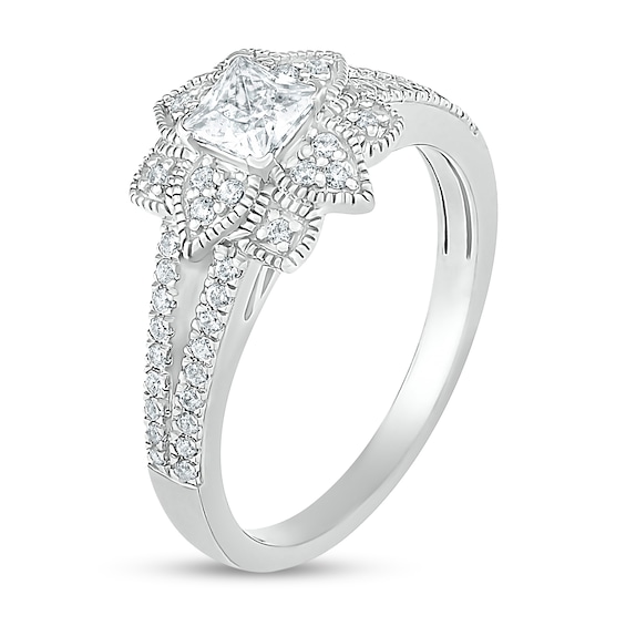 3/4 CT. T.w. Princess-Cut Diamond Flower Frame Vintage-Style Bridal Set in 10K White Gold
