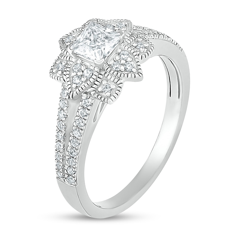 Main Image 6 of 3/4 CT. T.W. Princess-Cut Diamond Flower Frame Vintage-Style Bridal Set in 10K White Gold