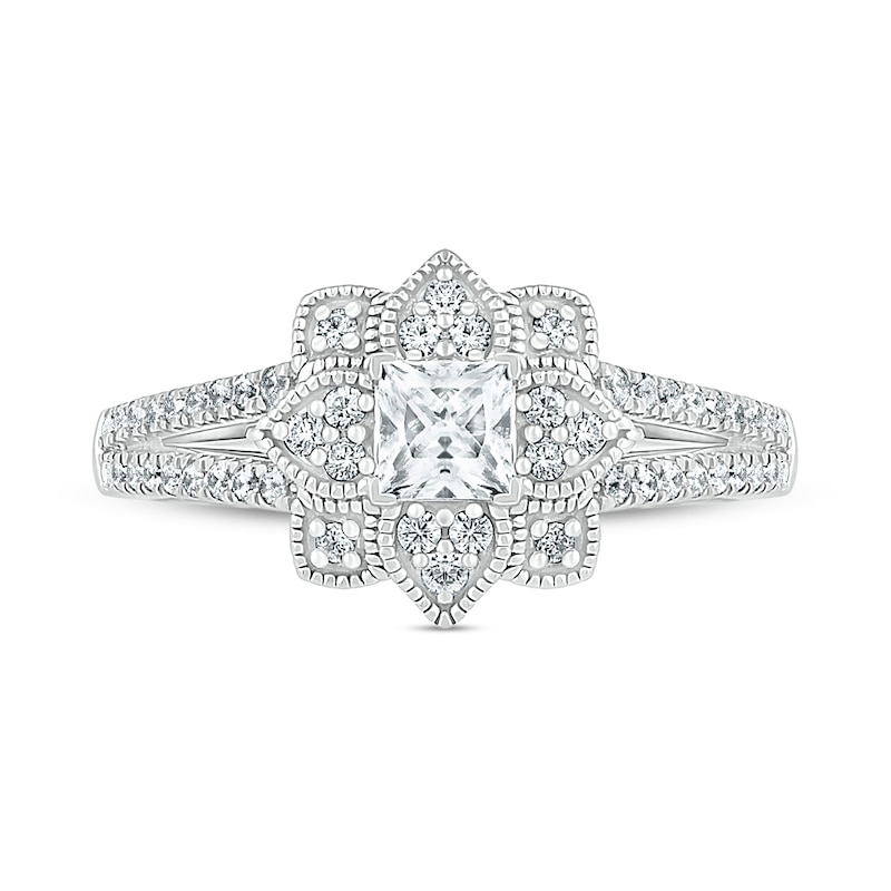 Main Image 7 of 3/4 CT. T.W. Princess-Cut Diamond Flower Frame Vintage-Style Bridal Set in 10K White Gold