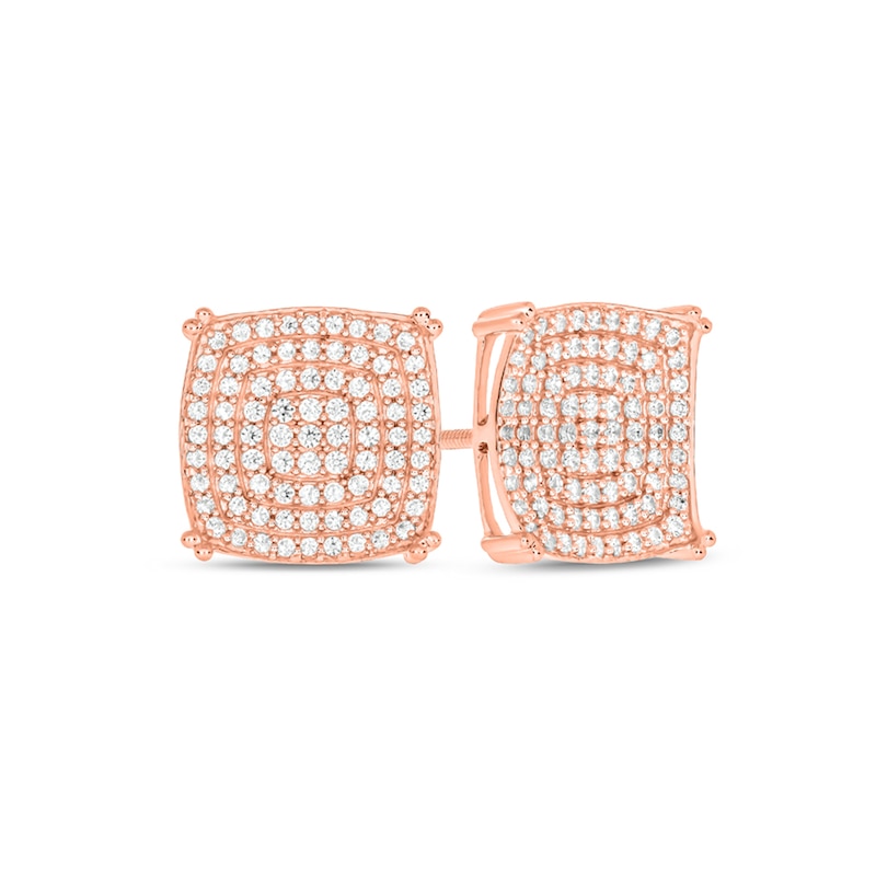Main Image 1 of Men's 1/2 CT. T.W. Multi-Diamond Cushion-Shaped Triple Frame Stud Earrings in 10K Rose Gold