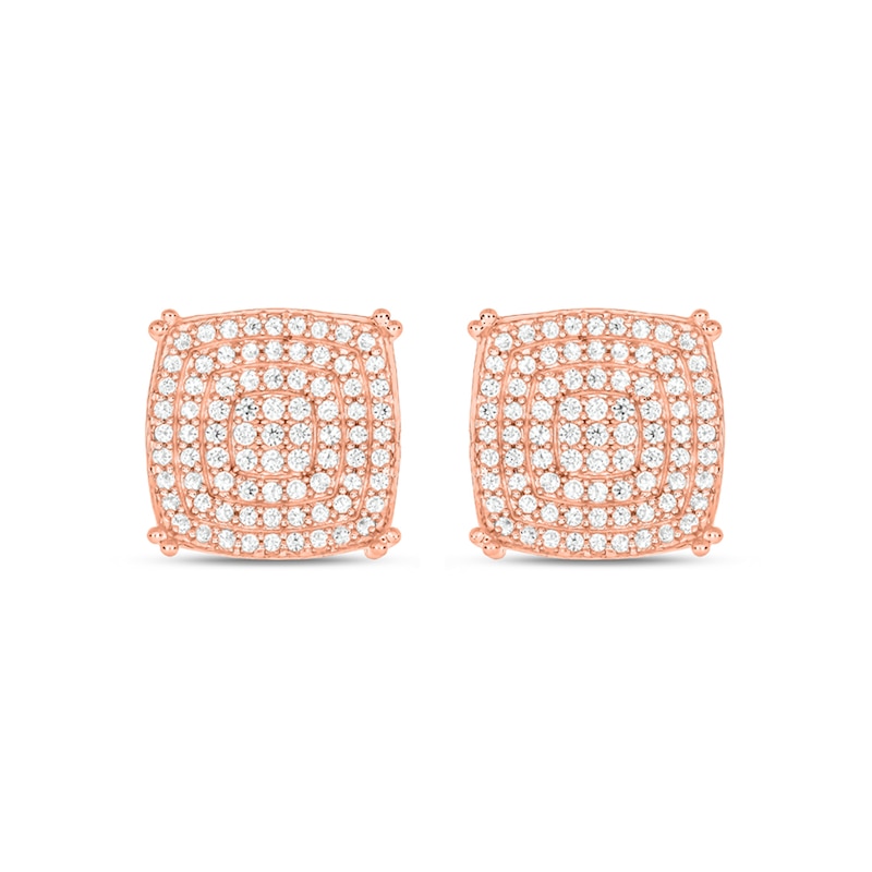 Main Image 2 of Men's 1/2 CT. T.W. Multi-Diamond Cushion-Shaped Triple Frame Stud Earrings in 10K Rose Gold
