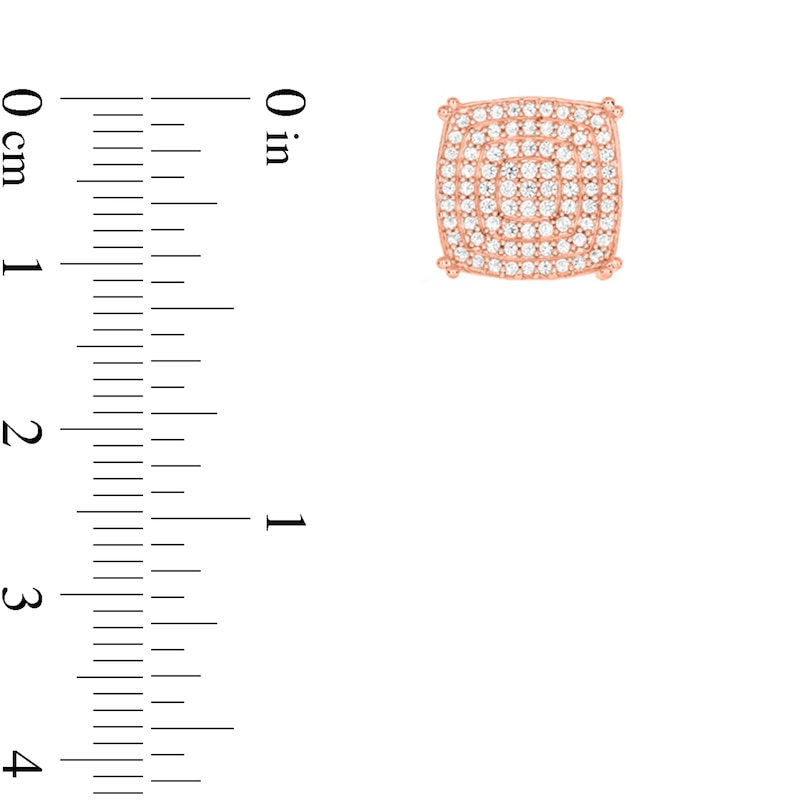 Main Image 3 of Men's 1/2 CT. T.W. Multi-Diamond Cushion-Shaped Triple Frame Stud Earrings in 10K Rose Gold