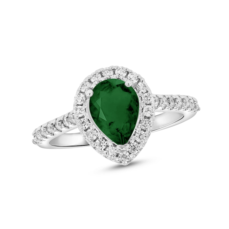 Main Image 1 of Pear-Shaped Emerald and 1/3 CT. T.W. Diamond Frame Ring in 14K White Gold