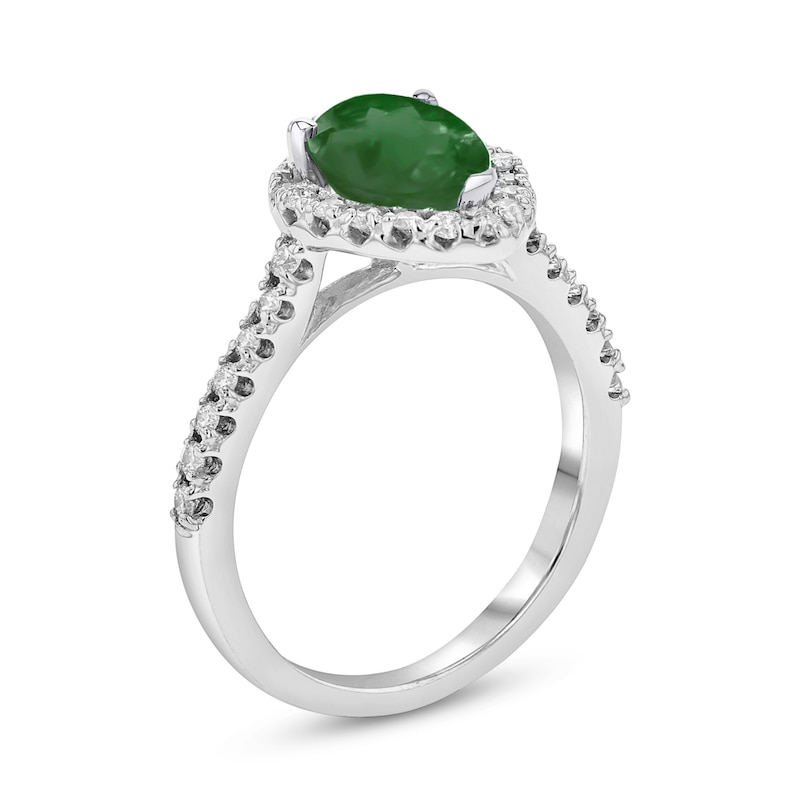 Main Image 2 of Pear-Shaped Emerald and 1/3 CT. T.W. Diamond Frame Ring in 14K White Gold