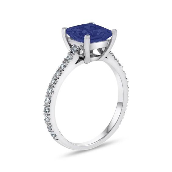 5.0mm Cushion-Cut Blue Sapphire and 1/3 CT. T.w. Diamond Ring in 14K White Gold
