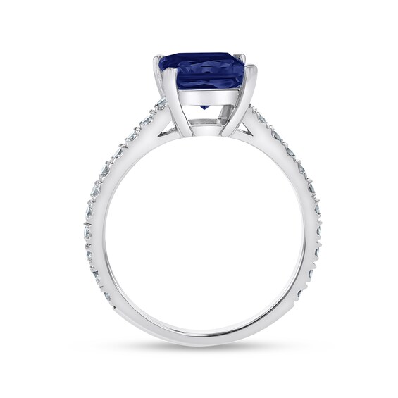 5.0mm Cushion-Cut Blue Sapphire and 1/3 CT. T.w. Diamond Ring in 14K White Gold