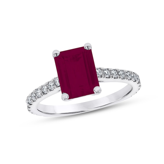 Emerald-Cut Ruby and 1/3 CT. T.w. Diamond Ring in 14K White Gold