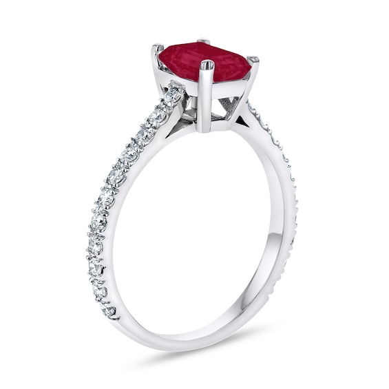 Emerald-Cut Ruby and 1/3 CT. T.w. Diamond Ring in 14K White Gold