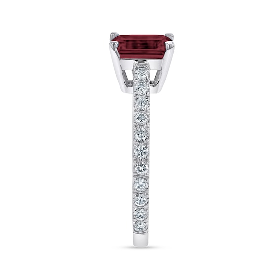 Emerald-Cut Ruby and 1/3 CT. T.w. Diamond Ring in 14K White Gold