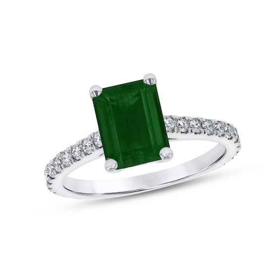 Emerald-Cut Emerald and 1/3 CT. T.w. Diamond Ring in 14K White Gold