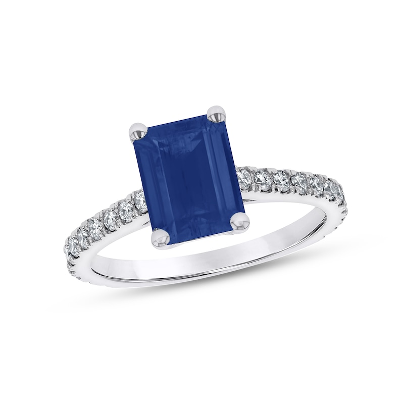 Main Image 1 of Emerald-Cut Blue Sapphire and 1/3 CT. T.W. Diamond Ring in 14K White Gold