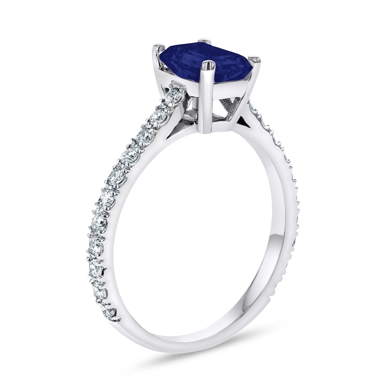 Main Image 2 of Emerald-Cut Blue Sapphire and 1/3 CT. T.W. Diamond Ring in 14K White Gold