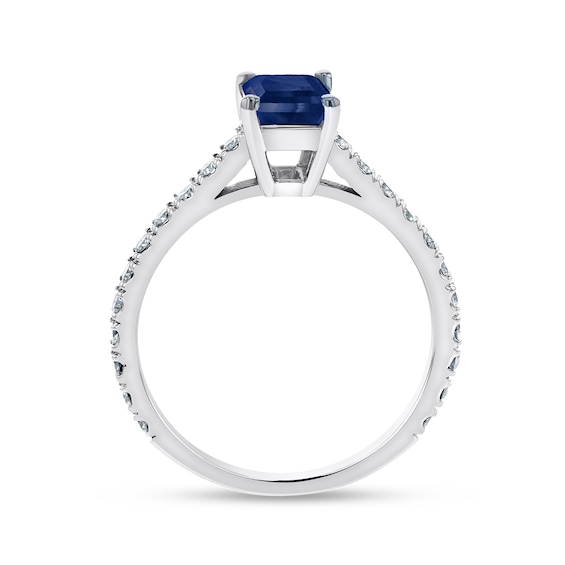 Emerald-Cut Blue Sapphire and 1/3 CT. T.w. Diamond Ring in 14K White Gold