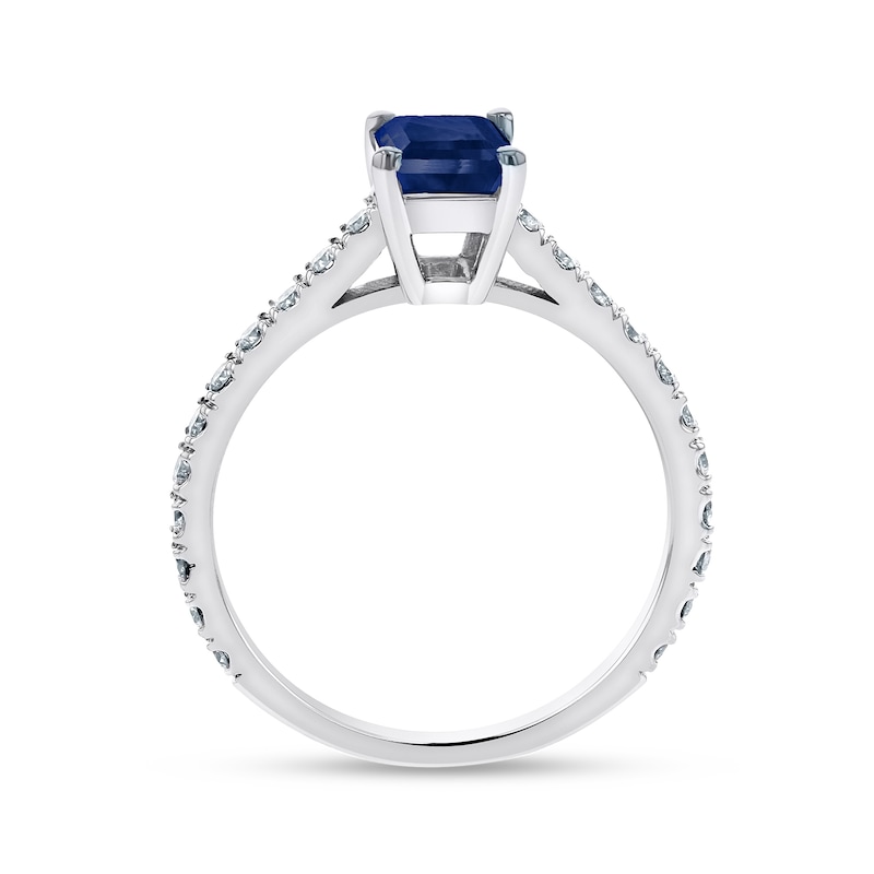 Main Image 3 of Emerald-Cut Blue Sapphire and 1/3 CT. T.W. Diamond Ring in 14K White Gold