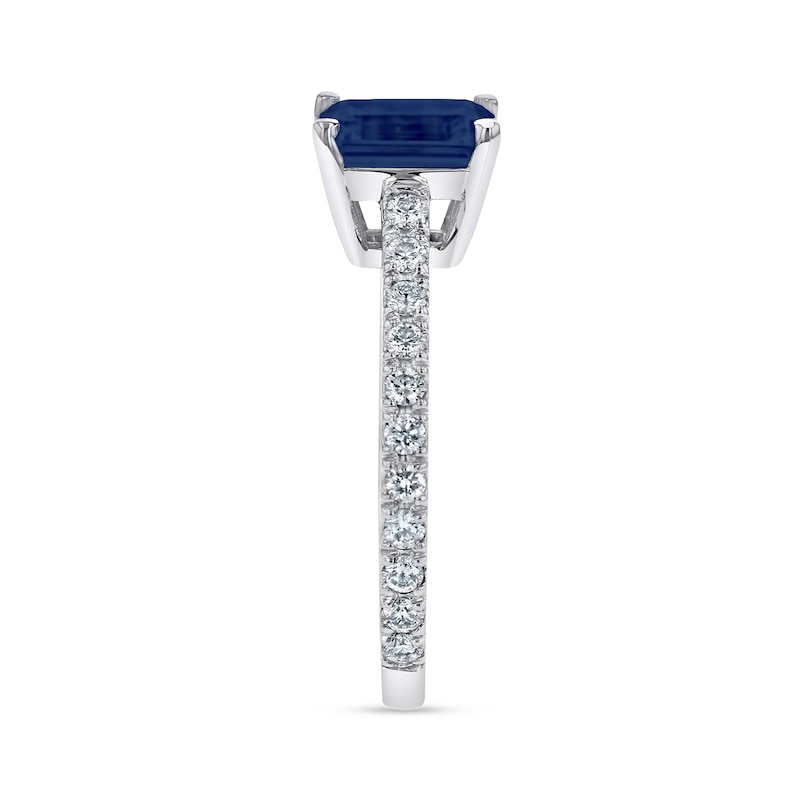 Main Image 4 of Emerald-Cut Blue Sapphire and 1/3 CT. T.W. Diamond Ring in 14K White Gold