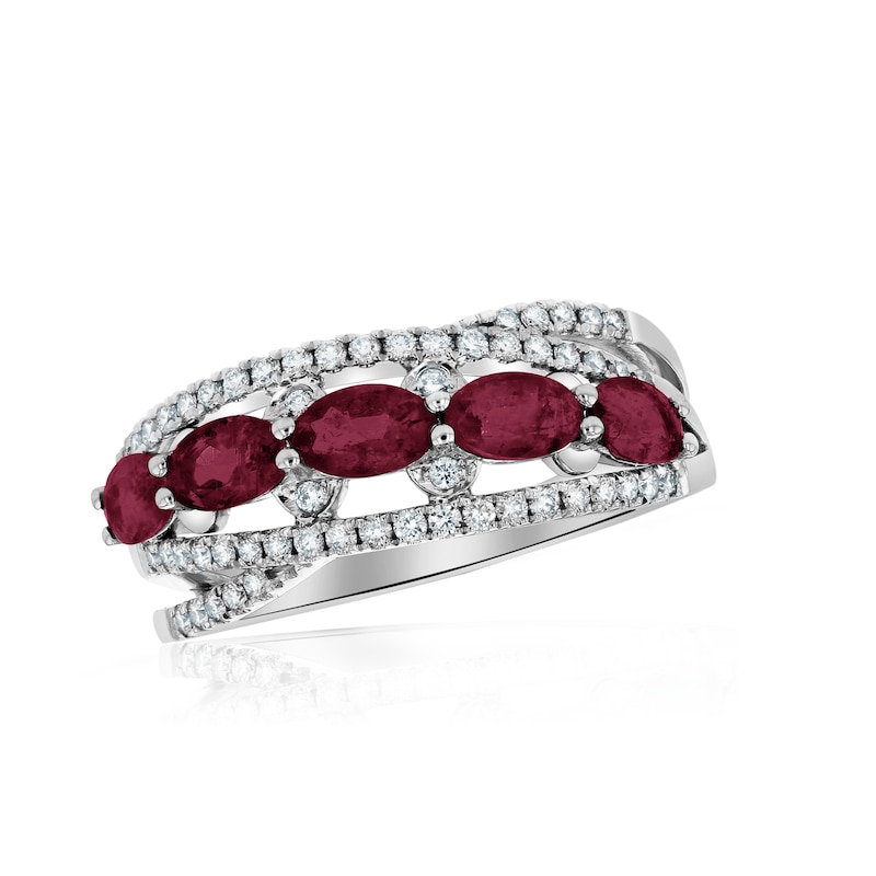 Sideways Oval Ruby and 1/4 CT. T.W. Diamond Five Stone Ring in 14K White Gold
