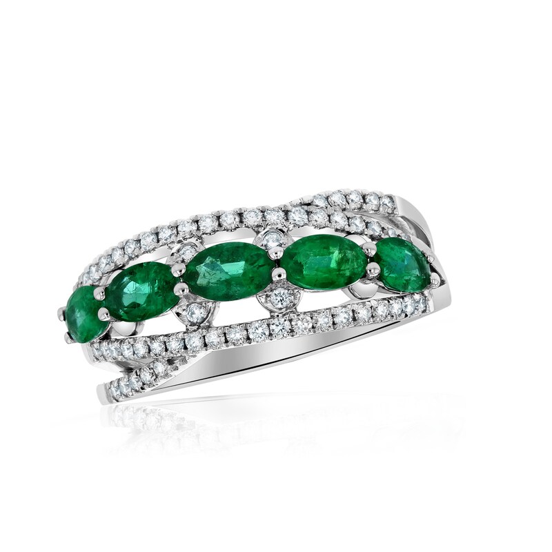 Main Image 1 of Sideways Oval Emerald and 1/4 CT. T.W. Diamond Five Stone Ring in 14K White Gold
