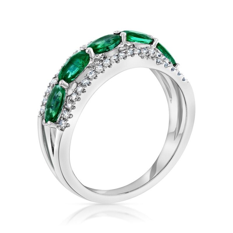 Main Image 2 of Sideways Oval Emerald and 1/4 CT. T.W. Diamond Five Stone Ring in 14K White Gold
