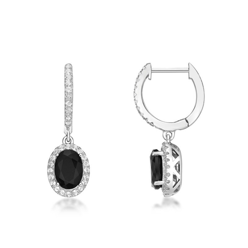 Oval Onyx and White Topaz Frame Drop Earrings in Sterling Silver
