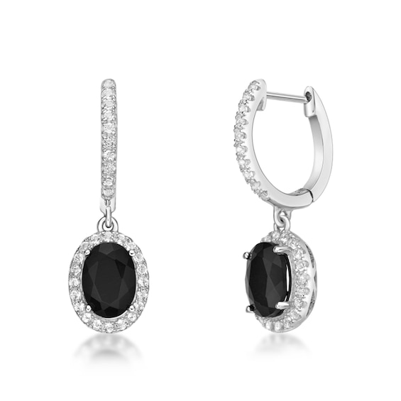 Oval Onyx and White Topaz Frame Drop Earrings in Sterling Silver