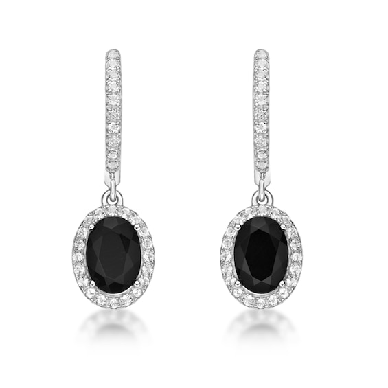 Oval Onyx and White Topaz Frame Drop Earrings in Sterling Silver