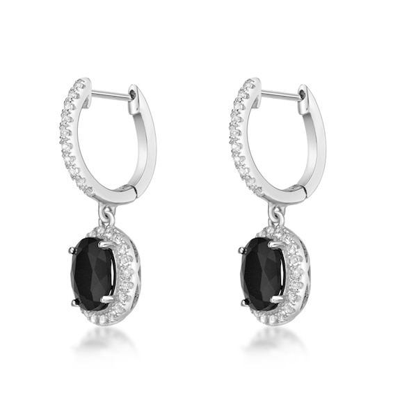Oval Onyx and White Topaz Frame Drop Earrings in Sterling Silver