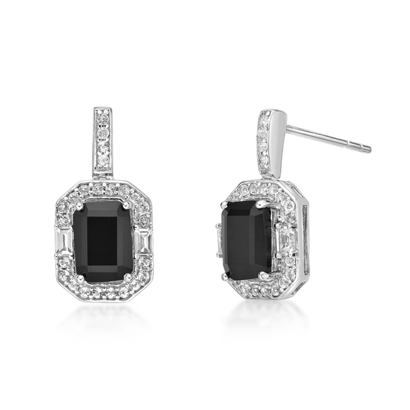 Emerald-Cut Onyx and White Topaz Octagon Frame Drop Earrings in Sterling Silver