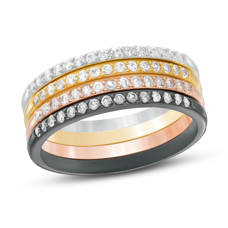 Main Image 1 of White Lab-Created Sapphire Stackable Band Set in Sterling Silver with 18K Yellow and Rose GP and Black Rhodium - Size 7